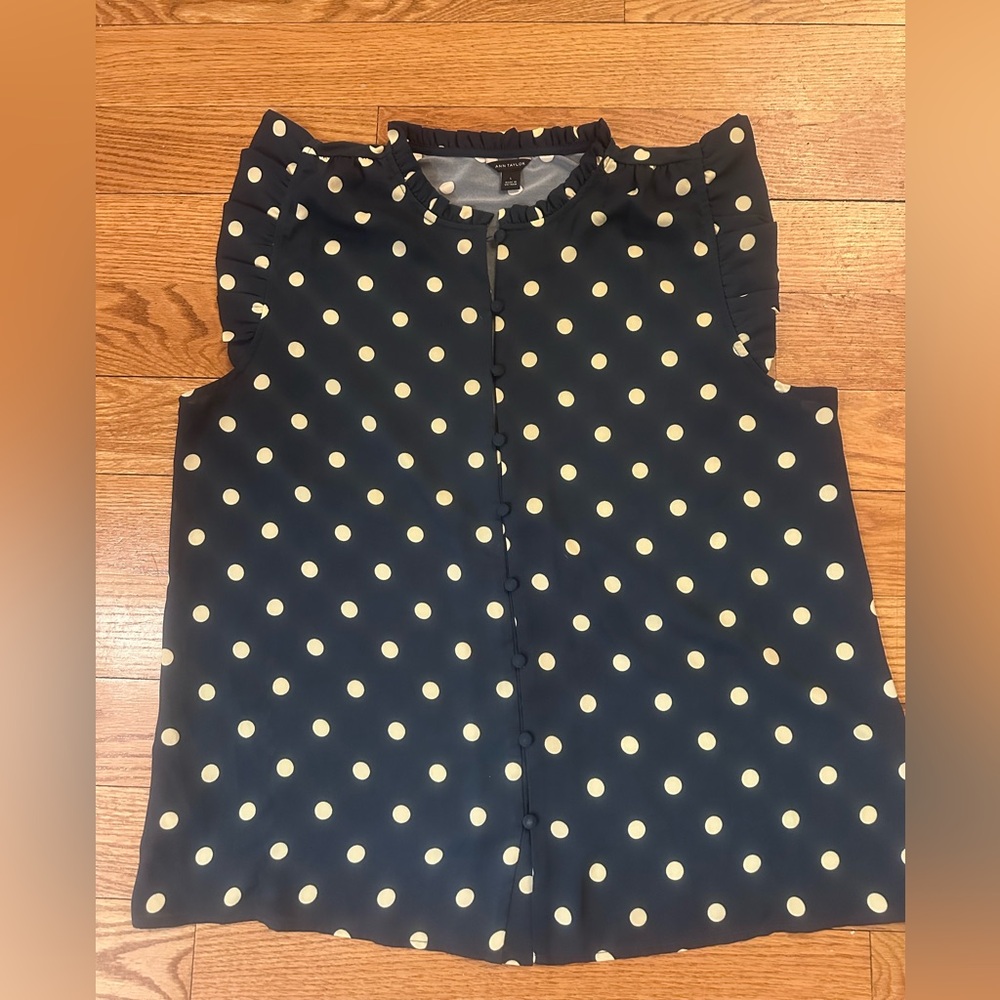 Ann Taylor Dark Green and White Polka Dot Top